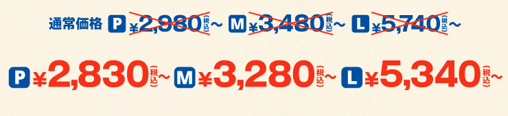P�T�C�Y �ʏ퉿�i2,980�~���灨2,830�~����(�ō�) M�T�C�Y �ʏ퉿�i3,480�~���灨3,280�~����(�ō�) L�T�C�Y �ʏ퉿�i5,740�~���灨5,340�~����(�ō�)