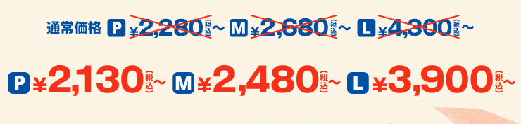 P�T�C�Y �ʏ퉿�i2,280�~���灨2,130�~����(�ō�) M�T�C�Y �ʏ퉿�i2,680�~���灨2,480�~����(�ō�) L�T�C�Y �ʏ퉿�i4,300�~���灨3,900�~����(�ō�)