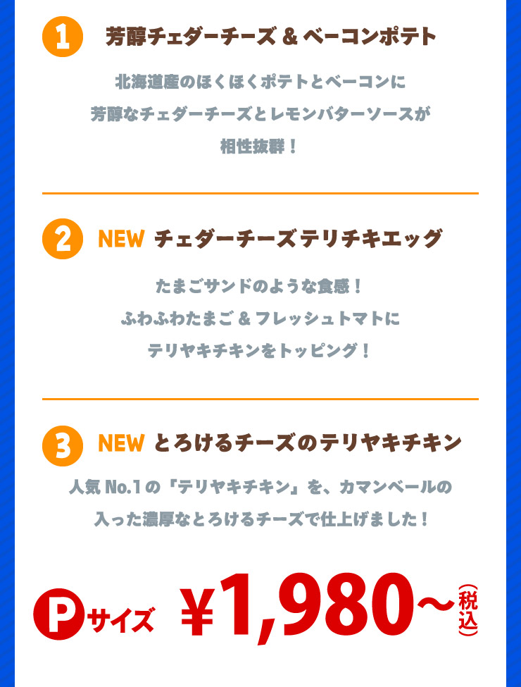 1.�F���`�F�_�[�`�[�Y���x�[�R���|�e�g �k�C���Y�̂ق��ق��|�e�g�ƃx�[�R���ɖF���ȃ`�F�_�[�`�[�Y�ƃ������o�^�[�\�[�X���������Q!
		2.NEW �`�F�_�[�`�[�Y�e���`�L�G�b�O ���܂��T���h�̂悤�ȐH��!�ӂ�ӂ킽�܂�&�t���b�V���g�}�g�Ƀe�����L�`�L�����g�b�s���O!
		3.NEW �Ƃ낯��`�[�Y�̃e�����L�`�L�� �l�CNo.1�́w�e�����L�`�L���x���A�J�}���x�[���̓������Z���ȂƂ낯��`�[�Y�Ŏd�グ�܂���!
		P�T�C�Y 1.980�~����