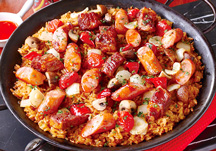 Hot & spicy paella with beef steak and chorizo sausage	